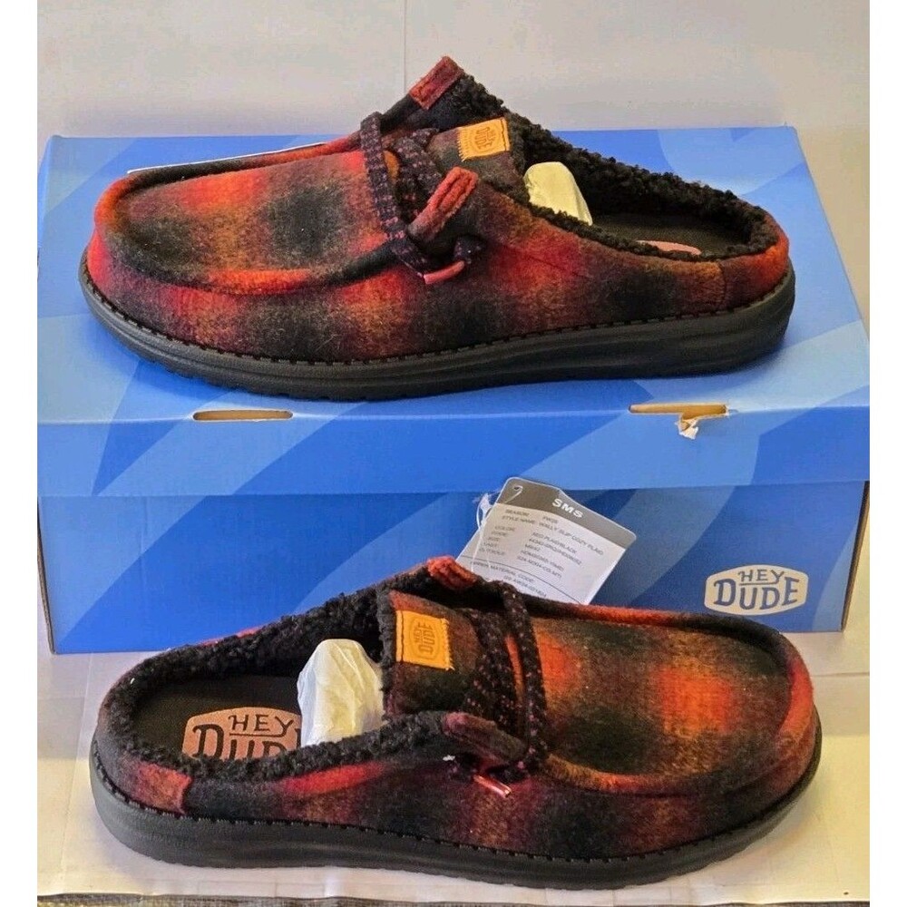 HEYDUDE Wally Slip Cozy Plaid Men's 9 Red Black Sherpa Lined Shoes New